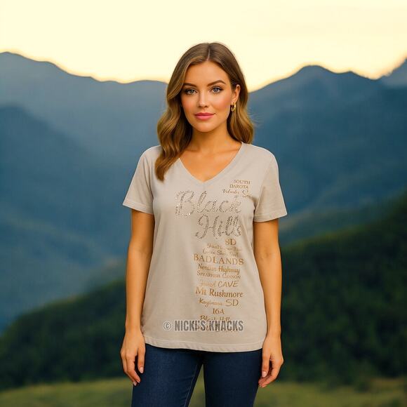 Next Level Black Hills South Dakota Rhinestone Gray V-Neck T-Shirt Size XXL - Picture 1 of 8